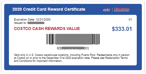 Costco信用卡返现Certificate